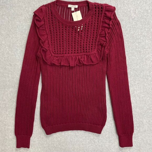 Minnie Rose Sweater Womens Medium Red Open Knit Ruffles Long Sleeve Cotton - Picture 1 of 12